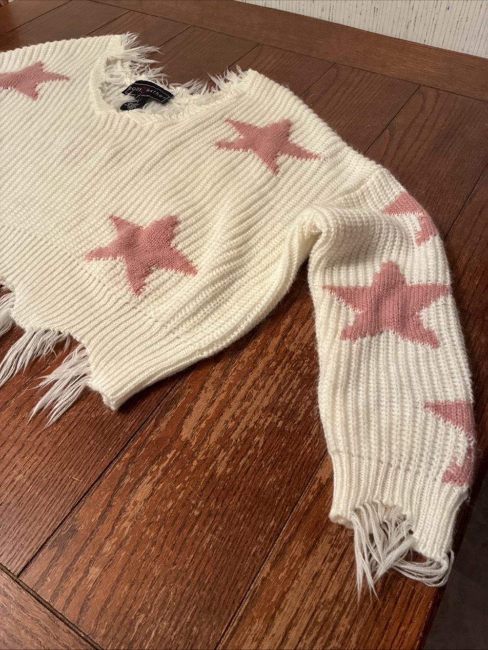 Polly & Esther Frayed Edge Star Sweater Women’s L V-Neck Long Sleeve Distressed - Picture 3 of 9